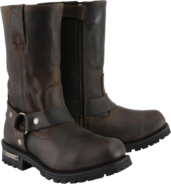 Milwaukee Leather brown mens harness boots with square toe and full-grain leather
