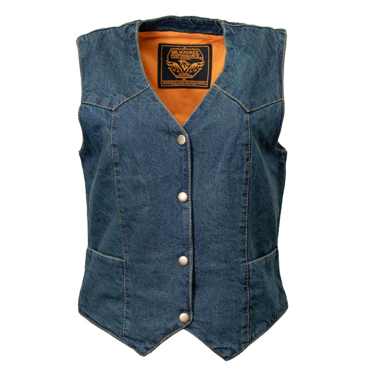 Milwaukee Denim women's blue denim motorcycle vest front view – snap front closure