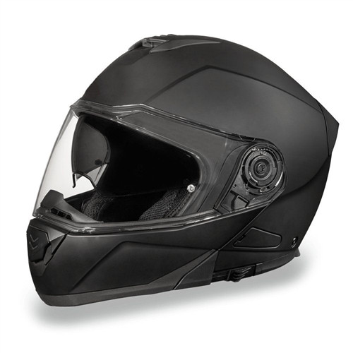 Daytona Dull Black Full Face Modular Motorcycle Helmet with flip-up chin bar, anti-scratch clear shield with Pinlock 30 lens, and retractable smoke sun visor