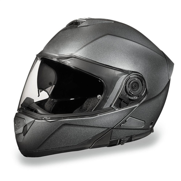 Daytona Helmets Gun Metal Grey Metallic modular motorcycle helmet with flip-up chin bar and dual shield system Daytona Helmets Gun Metal Grey Metallic modular motorcycle helmet with flip-up chin bar and dual shield system