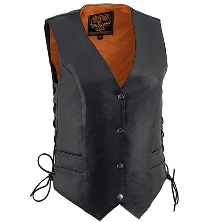 Milwaukee Leather ML1254N Women's Black Leather Motorcycle Vest front view with snap button closure and side lace detailing