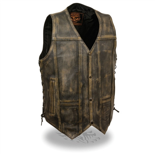 Milwaukee Leather Men's Distressed Brown Motorcycle Vest with Concealed Carry Pockets and Adjustable Side Lacing