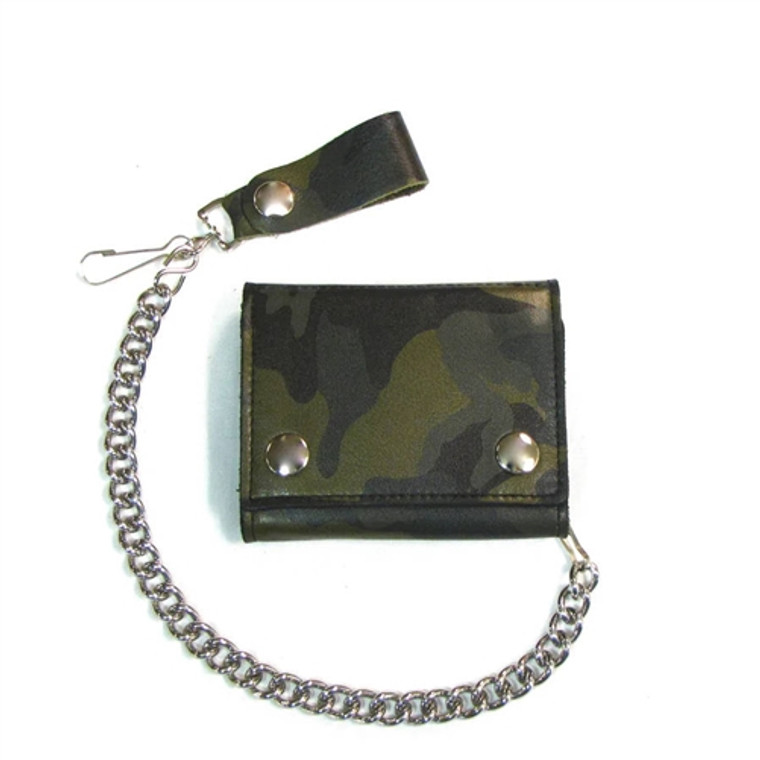 Green Camo Leather Biker Chain Wallet: Tri-Fold,  USA Cowhide