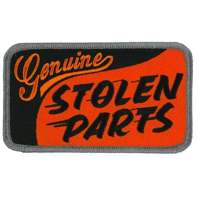 Genuine Stolen Parts Patch – Black and Orange Iron-On Motorcycle Vest Patch, 4x3 Inches