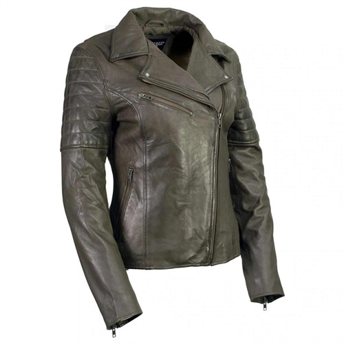 milwaukee leather olive moto jacket womens cowhide leather asymmetrical zipper