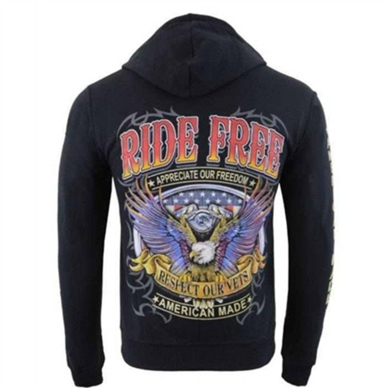 Biker Zip-Up Hoodie, Ride Free, Respect Our Vets, American Made