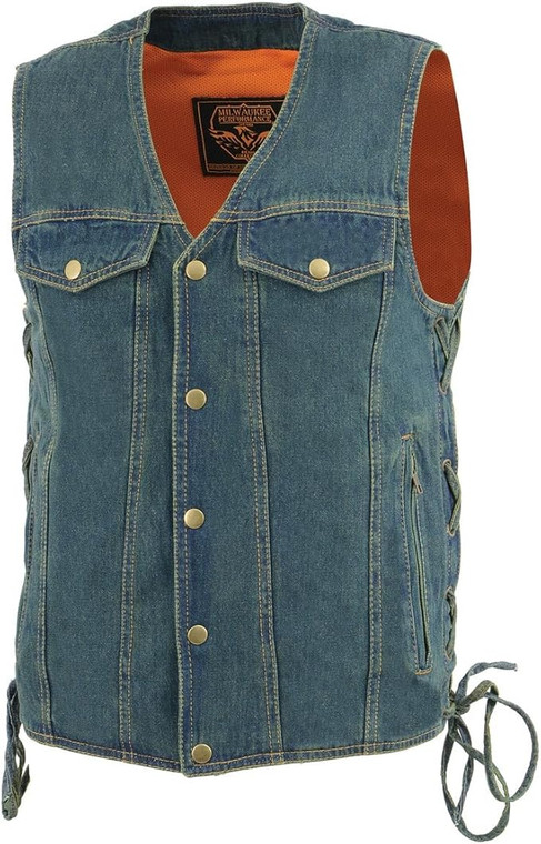 Men's Classic Blue Denim Motorcycle Vest with Concealed Carry Pockets and Snap Front Closure Men's Classic Blue Denim Motorcycle Vest with Concealed Carry Pockets and Snap Front Closure