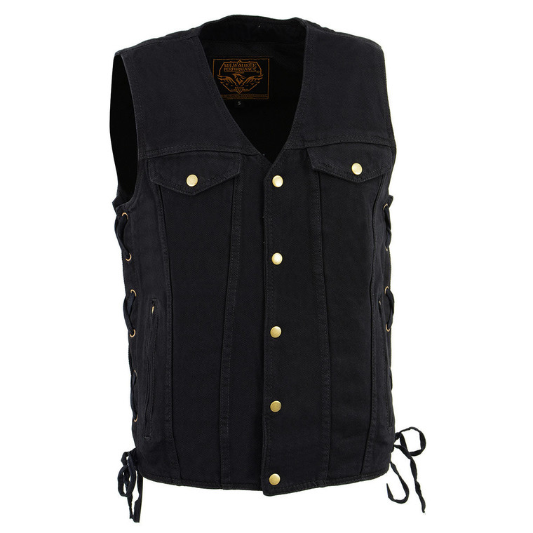 Men's Black Denim Motorcycle Vest with Side Lace by Milwaukee Leather