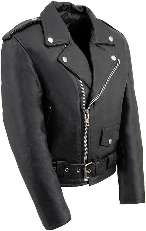 Milwaukee Leather kids classic black motorcycle jacket – zippered closure, snap-down collar, adjustable half belt