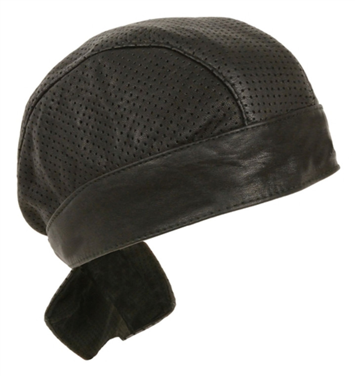 Vented black leather biker head wrap featuring breathable mesh lining and tie-back design for secure fit