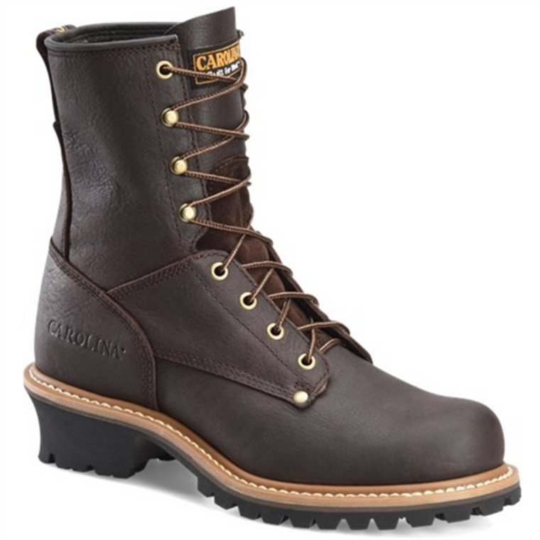 Carolina 1821 men's 8-inch brown logger boots with steel toe, featuring Briar Pitstop leather upper