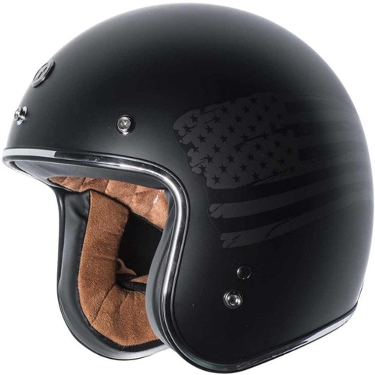 Torc Black Flag Retro 3/4 motorcycle helmet matte black with USA flag graphics and removable 3-snap visor Torc Black Flag Retro 3/4 motorcycle helmet matte black with USA flag graphics and removable 3-snap visor