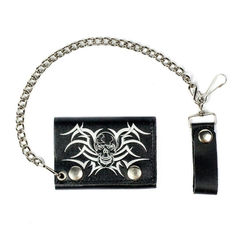 Tribal Skull Biker Leather Chain Wallet – front view USA-made black cowhide with tribal skull design, snap closure, and 12-inch detachable chain
