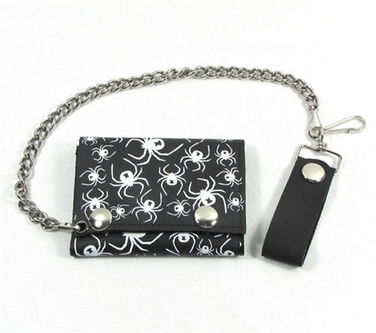 USA-made black leather biker wallet featuring white spider print chain