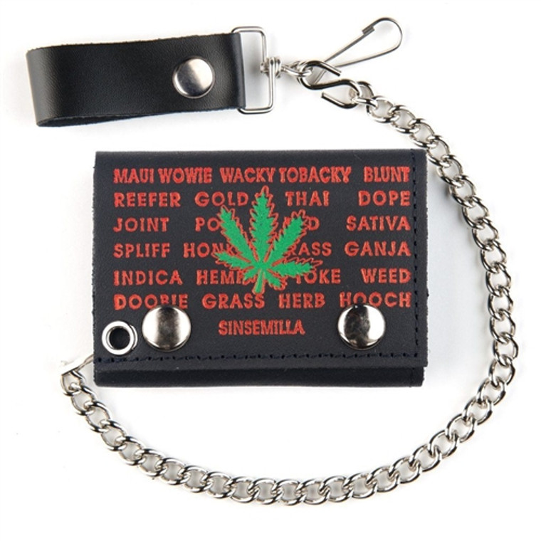 USA-made black leather biker wallet featuring green marijuana leaf design and 12-inch chain