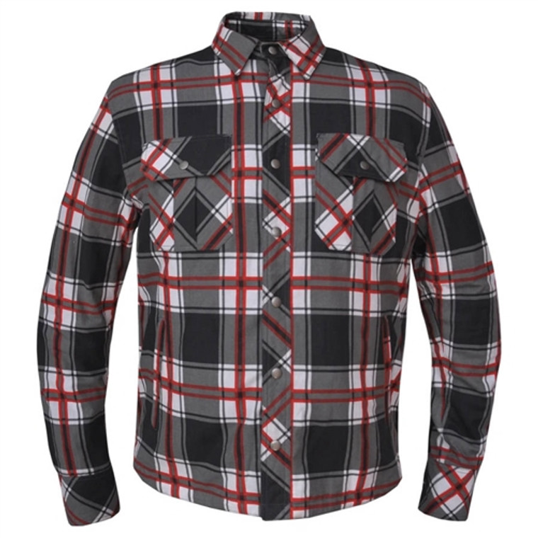 Flannel Armored Motorcycle Shirt, Plaid White, Red Black
