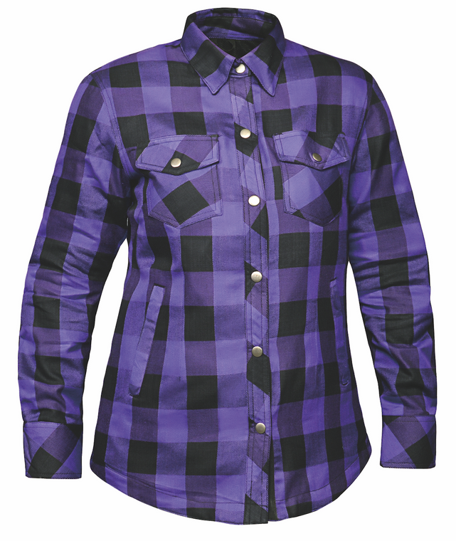 Unik Ladies Purple Armored Motorcycle Flannel Shirt featuring zip front closure and CE-approved armor