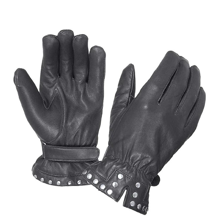 Unik women's studded black leather biker gloves with gel palm padding