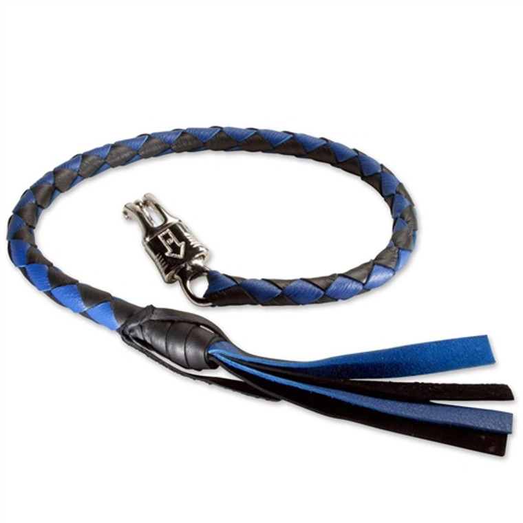 Black and blue leather motorcycle get back whip with stainless steel snap hook
