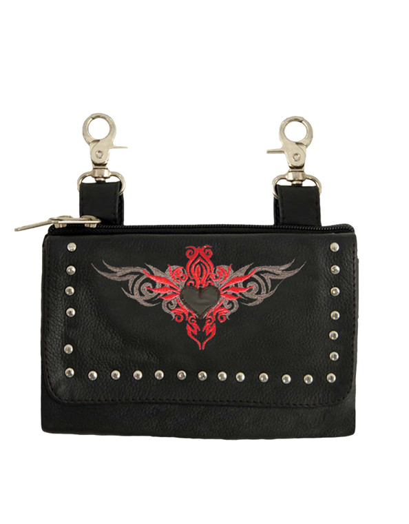 Unik leather biker purse with red tribal heart design and belt clip attachment Unik leather biker purse with red tribal heart design and belt clip attachment
