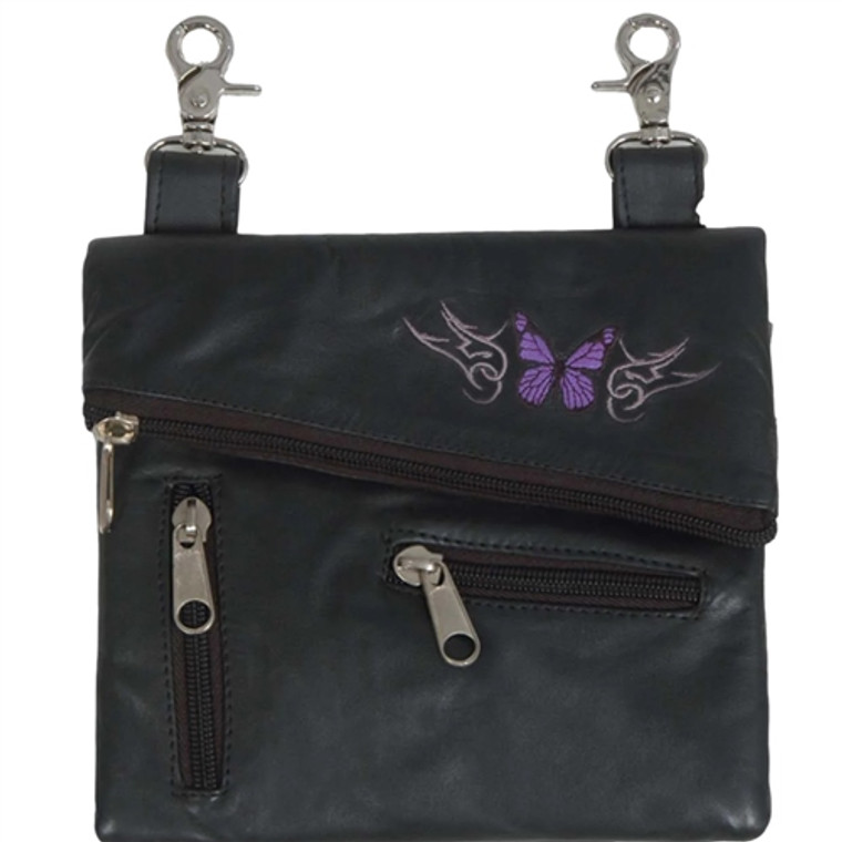 Purple butterfly embroidered biker leather hip bag with adjustable strap