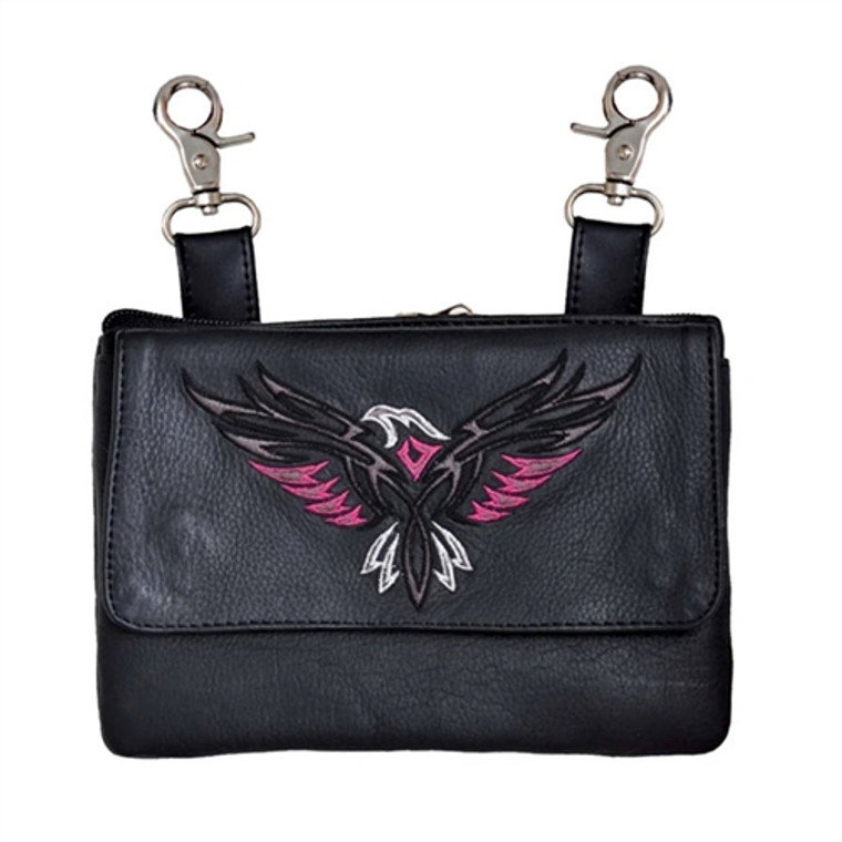 Leather Motorcycle Riding Purse, Embroidered Eagle Pink Design