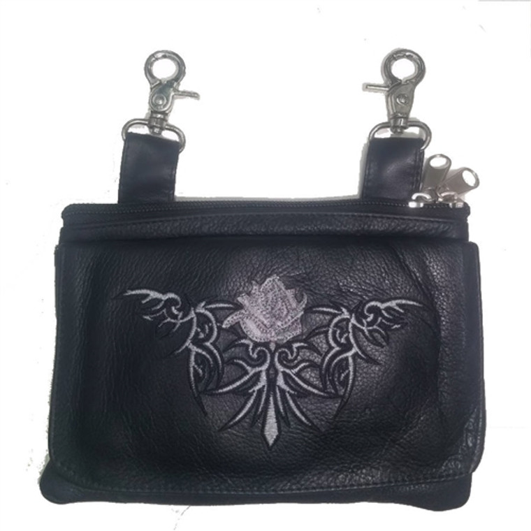 Biker Leather Motorcycle Riding Purse Fanny Bag  w/Silver Tribal Rose