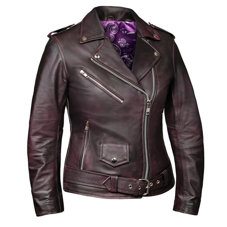 Unik Distressed Purple Leather Motorcycle Jacket with soft lambskin and paisley lining Unik Distressed Purple Leather Motorcycle Jacket with soft lambskin and paisley lining