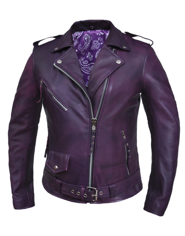 Ladies Soft Purple Leather Motorcycle Jacket