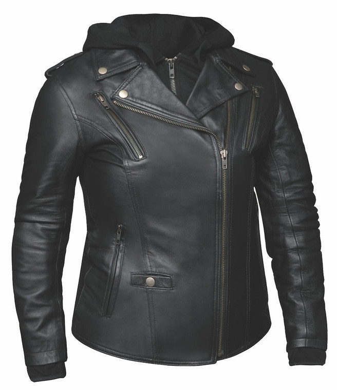 Unik 3-in-1 Ladies Leather Motorcycle Jacket with removable black hoodie and premium lambskin