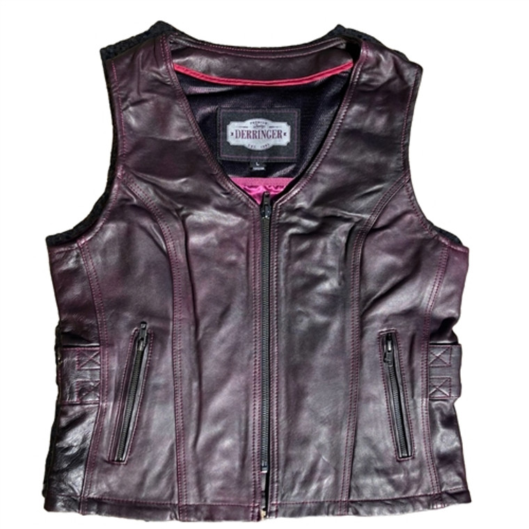 Unik Ladies Purple Leather Motorcycle Vest with zip front closure and premium cowhide leather