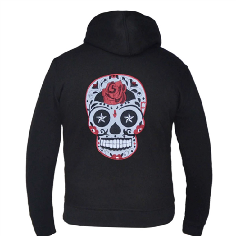 Ladies Sugar Skull Hoodie, Black & Red Rose