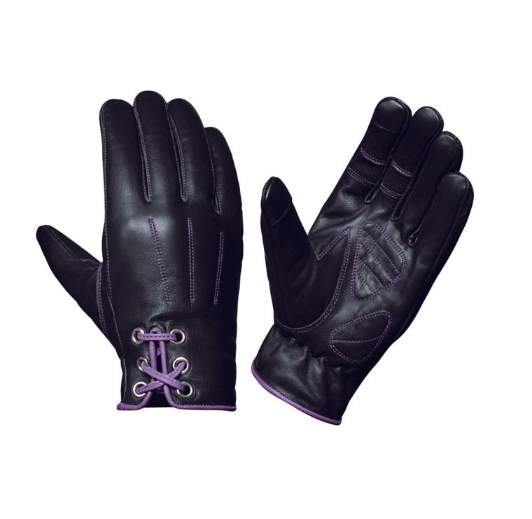 Unik women's purple lace leather motorcycle gloves with touchscreen-compatible fingertips and adjustable Velcro wrist strap