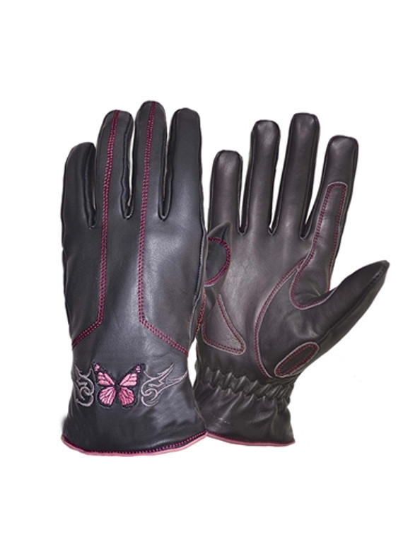 Pink Butterfly Women's Leather Motorcycle Gloves