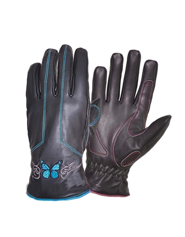 Teal Butterfly Women's Leather Motorcycle Gloves, Thermal Lined