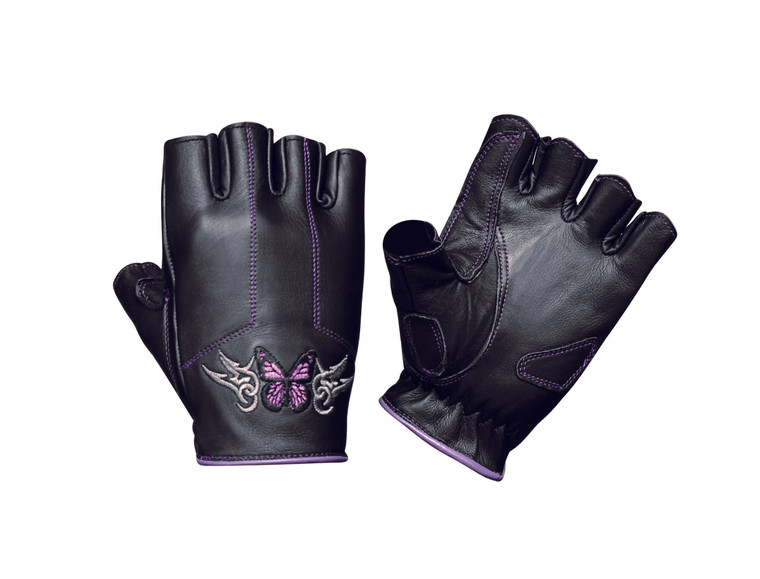 Purple Butterfly Leather Fingerless Gloves featuring embroidered tribal butterfly design on premium cowhide