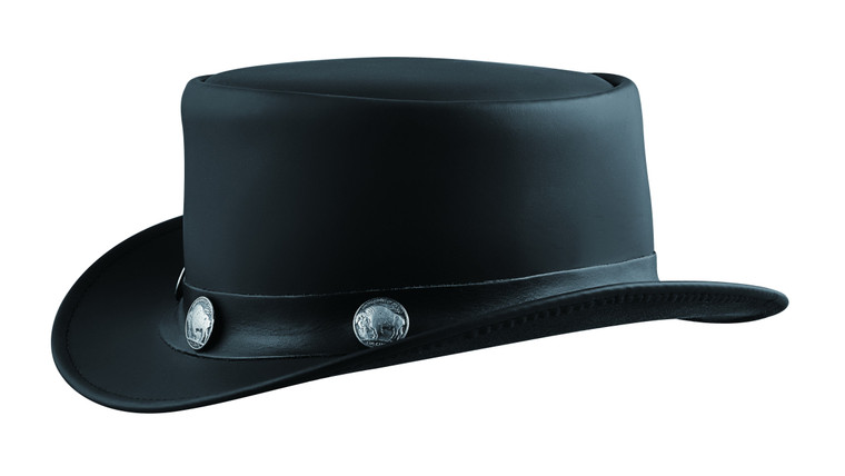 Black cowhide leather top hat with buffalo nickel-studded band and shape-able brim