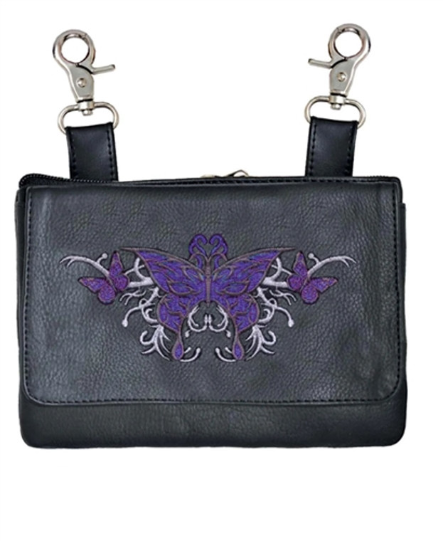 Biker Leather Hip Clip Belt Fanny Bag - Purple Tribal Butterfly