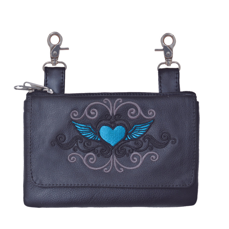 Blue Heart Leather Biker Purse featuring embroidered blue heart and wings on genuine cowhide leather with silver-tone hardware Blue Heart Leather Biker Purse featuring embroidered blue heart and wings on genuine cowhide leather with silver-tone hardware