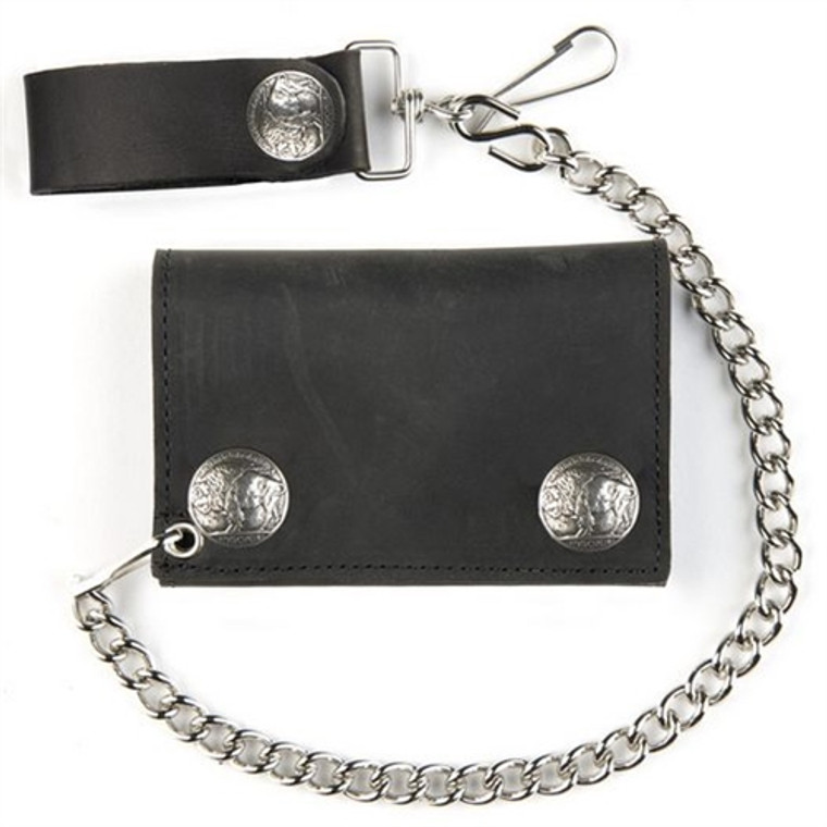 Buffalo Nickel Snap Leather Chain Wallet – front view USA-made genuine black cowhide with replica buffalo nickel snap closure and 12-inch detachable chain