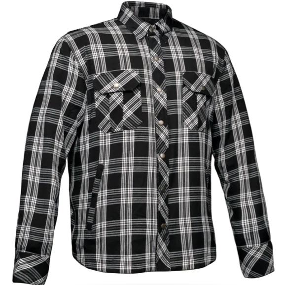 Unik Black & White Check Flannel Armored Motorcycle Shirt with REMOVABLE CE Armor and Zip-Snap Front Closure