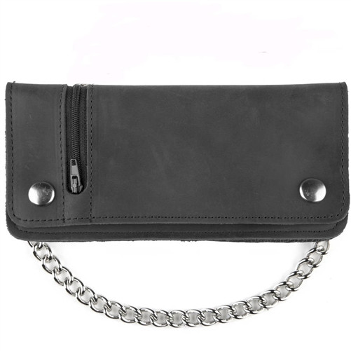 XL Black Leather Chain Wallet with Zip Compartment | USA Made