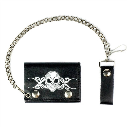 Biker Leather Chain Wallet Tribal Skull | USA Made Cowhide