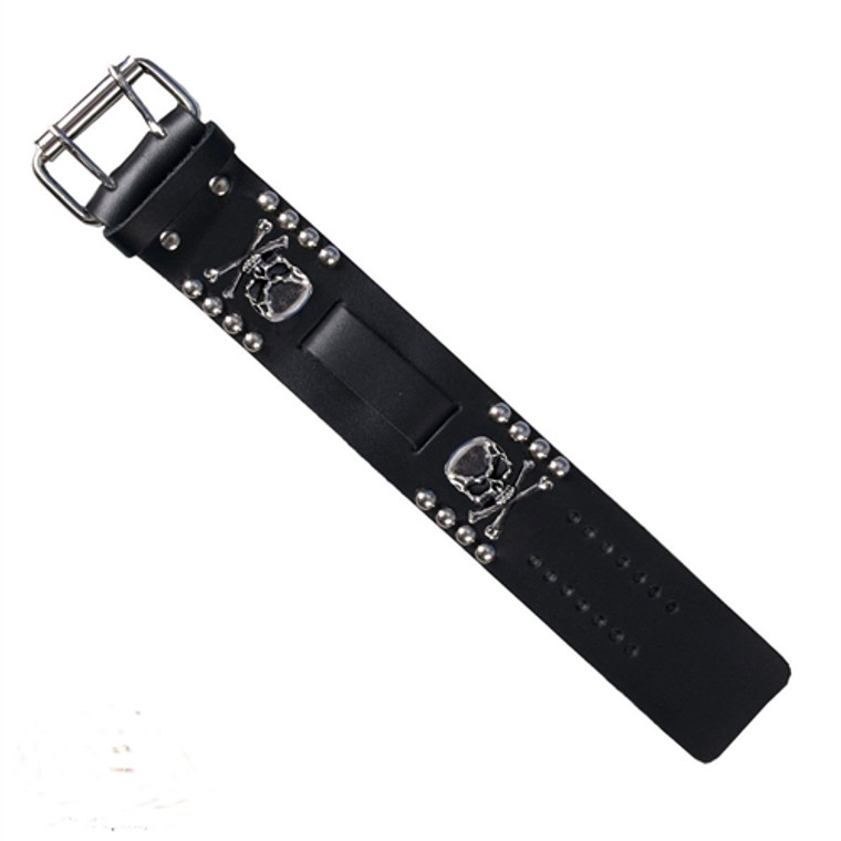 USA-made black cowhide leather watch band featuring chrome skull and crossbones emblems USA-made black cowhide leather watch band featuring chrome skull and crossbones emblems