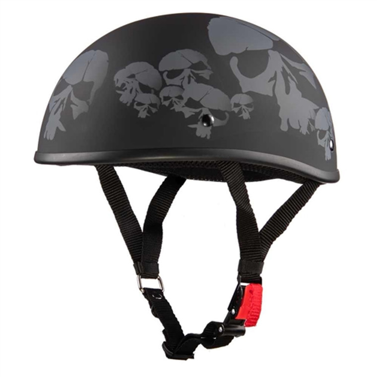 matte black smallest DOT motorcycle beanie helmet with skull graphic and quick-release chin strap matte black smallest DOT motorcycle beanie helmet with skull graphic and quick-release chin strap