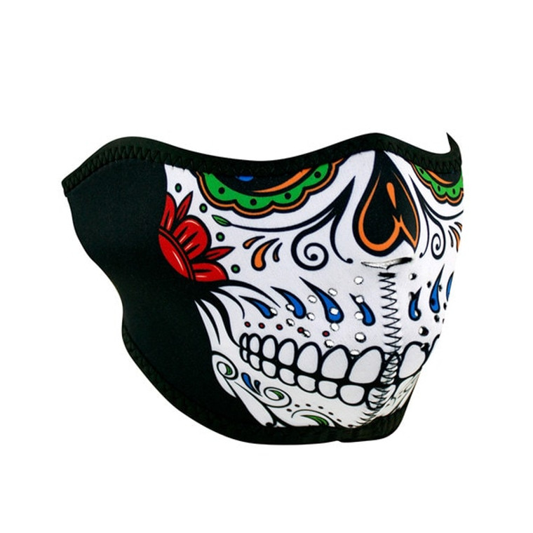 Half Face Muerte Skull Face Mask featuring vibrant sugar skull design on black neoprene fabric Half Face Muerte Skull Face Mask featuring vibrant sugar skull design on black neoprene fabric