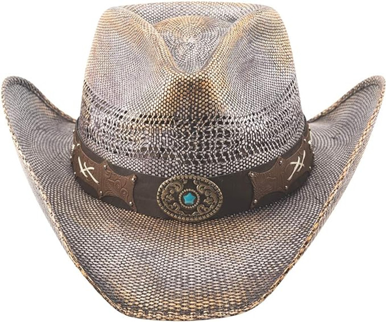 Bullhide Distressed Straw Cowboy Hat w/ Concho Band