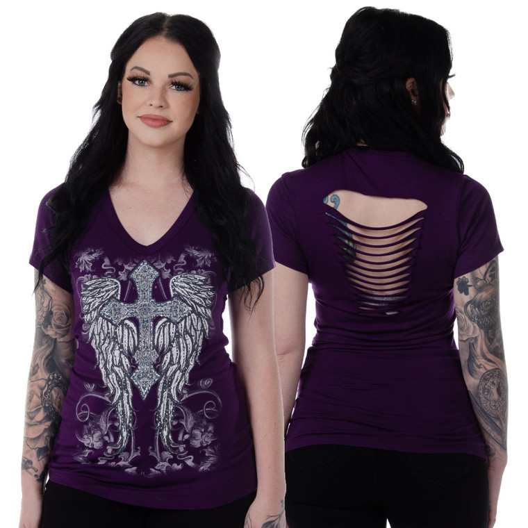 Purple Wicked Bling Shirt by Liberty Wear, USA Made, featuring rhinestone-studded cross and wings graphic on deep purple v-neck with slit back