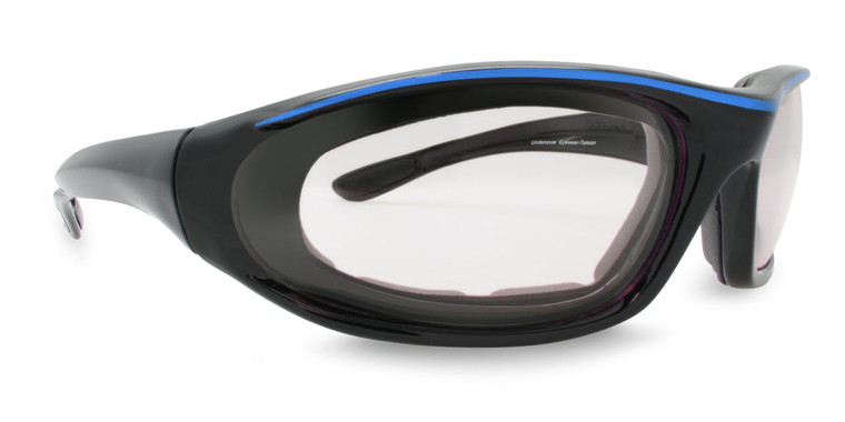 Transitional lens motorcycle glasses with blue frame and UV protection