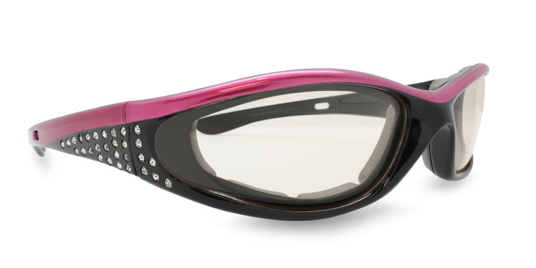 Pink and black transitional lens motorcycle glasses featuring rhinestone accents and padded foam for comfort